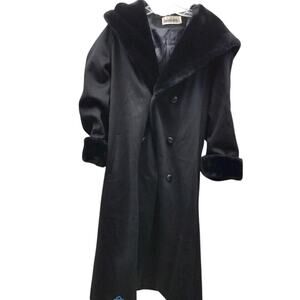 Women’s 10 Vintage Leslie Fay Wool Coat Faux Fur Trim Floor Length Black